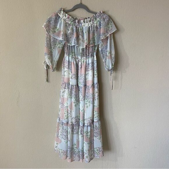 NWT River Island Maxi Blue Dress Petite Floral Bardot Size 2 - Picture 9 of 14